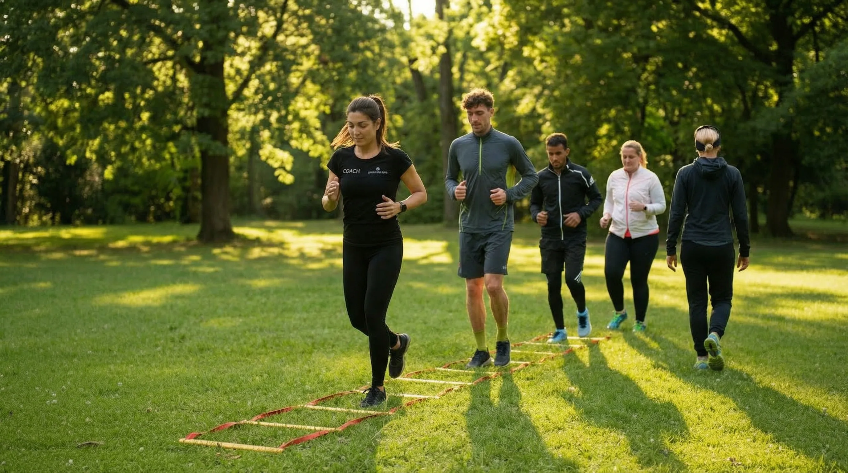 Eine gemischte Gruppe aus Männern und Frauen läuft im Abendlicht durch den Park, im Gras liegt eine Koordinationsleiter.
